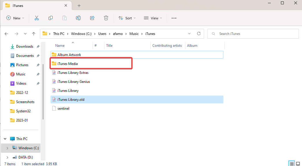 Папка iTunes Media в проводнике Windows перед удалением