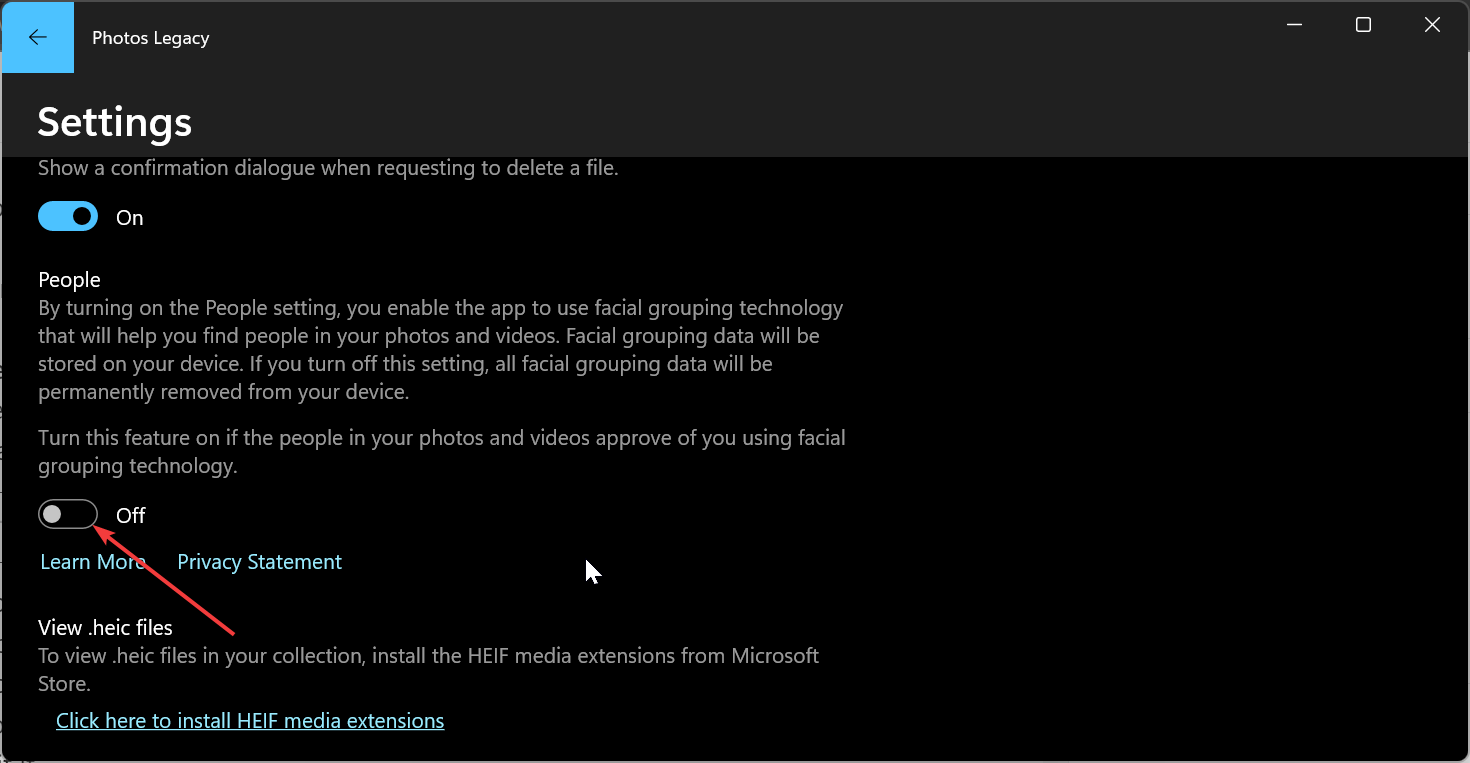Переключатель функции Люди в настройках Photos