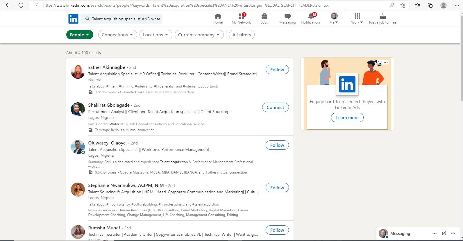 Пример использования оператора AND в поиске LinkedIn