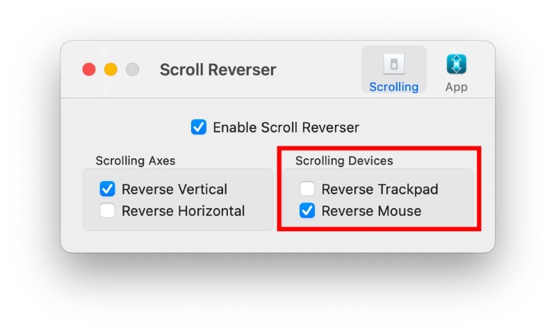 выбор устройств в Scroll Reverser