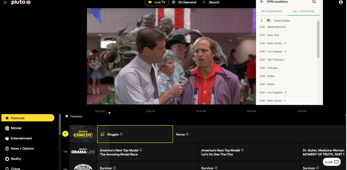 Pluto TV с активным VPN, на заднем плане идёт фильм.