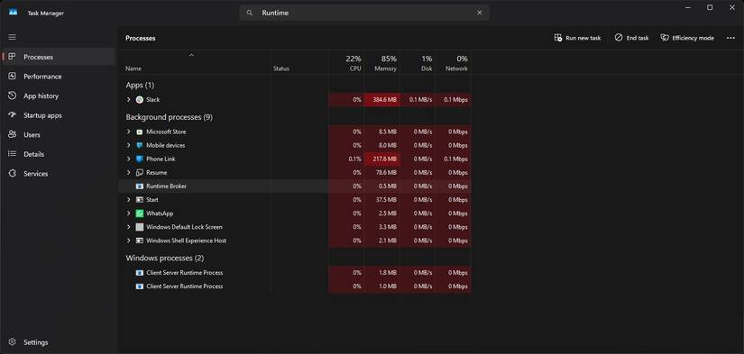 Диспетчер задач Windows с процессом Runtime Broker