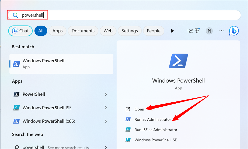 Изображение: Поиск PowerShell в меню Пуск.