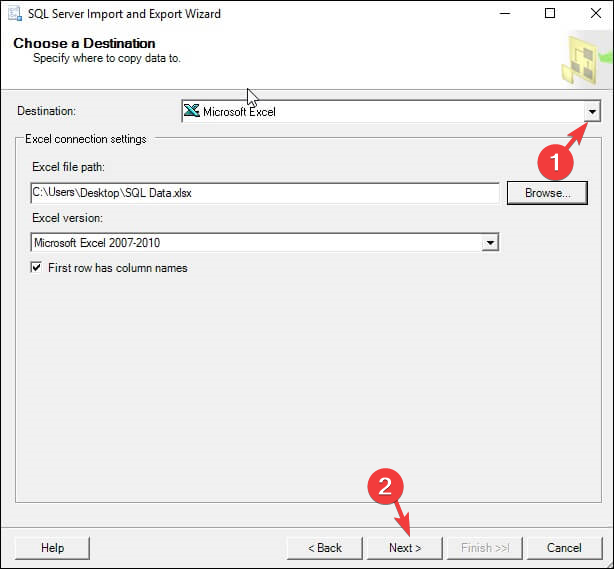 Выбор Microsoft Excel как пункта назначения в мастере