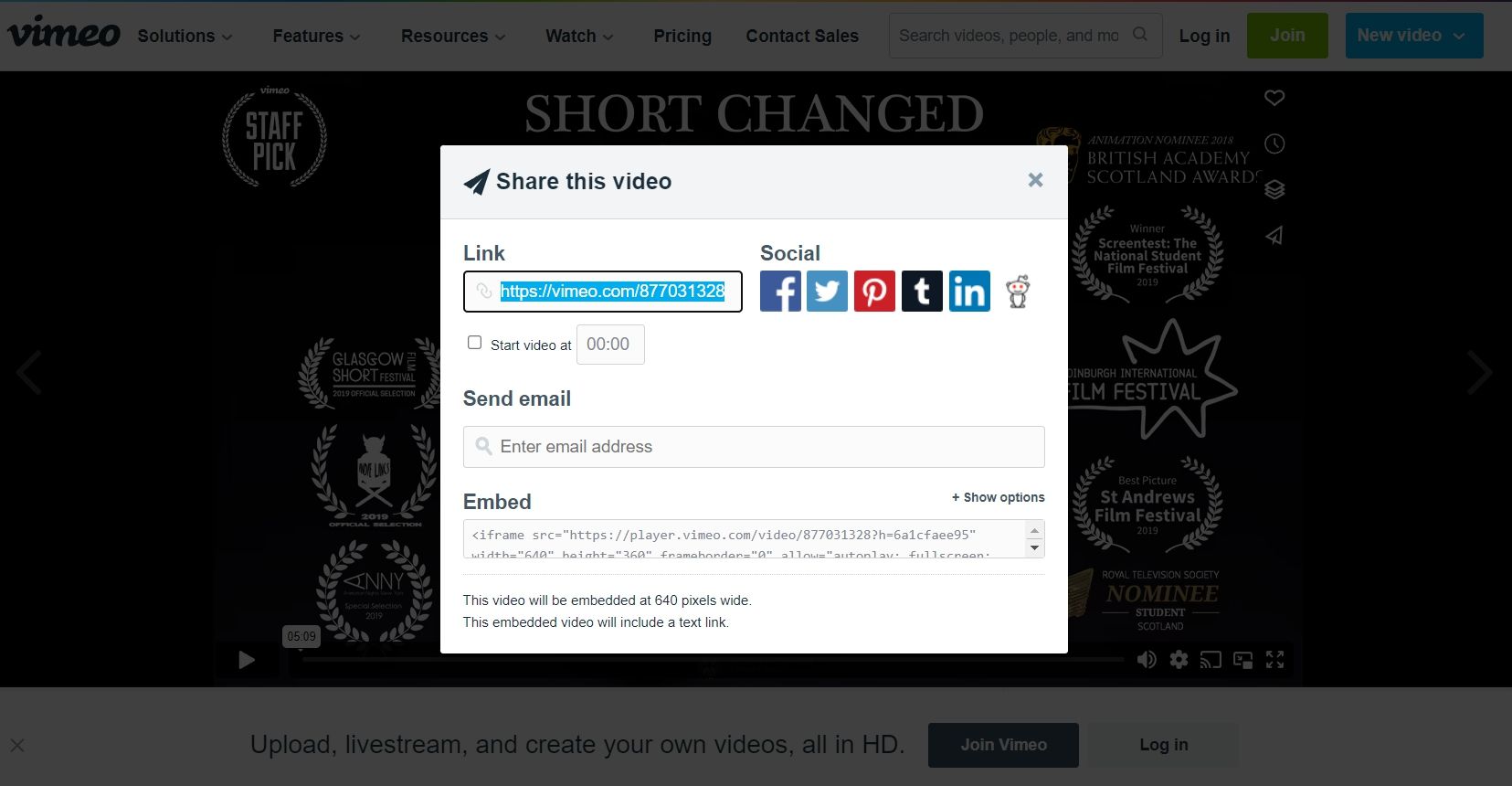 Поле ссылки у видео Vimeo