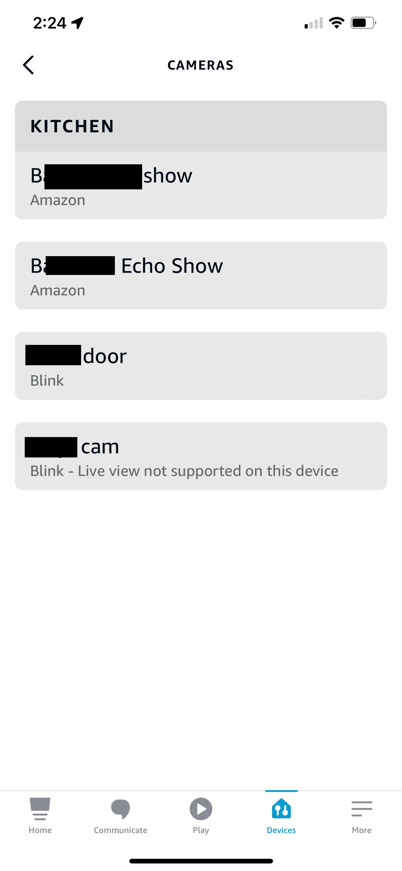 List of cameras in the Alexa app