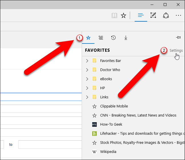 Раздел импорта закладок в Edge