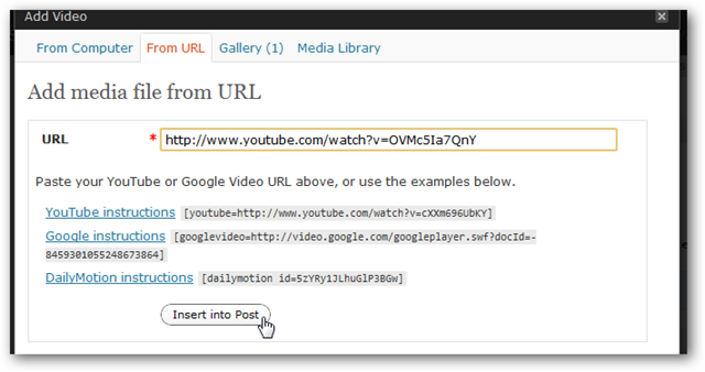 Вставка видео по URL из YouTube