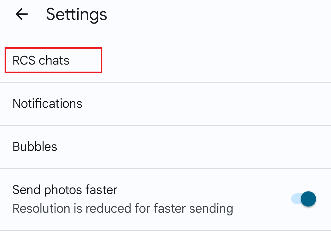 Опция «RCS chats» в настройках Google Messages