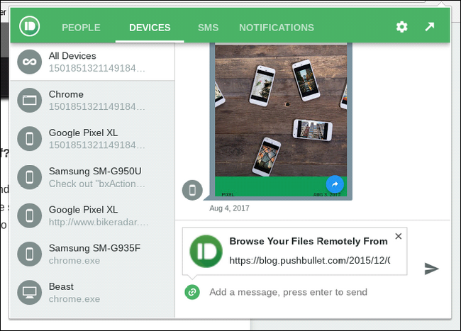 Интерфейс расширения Pushbullet