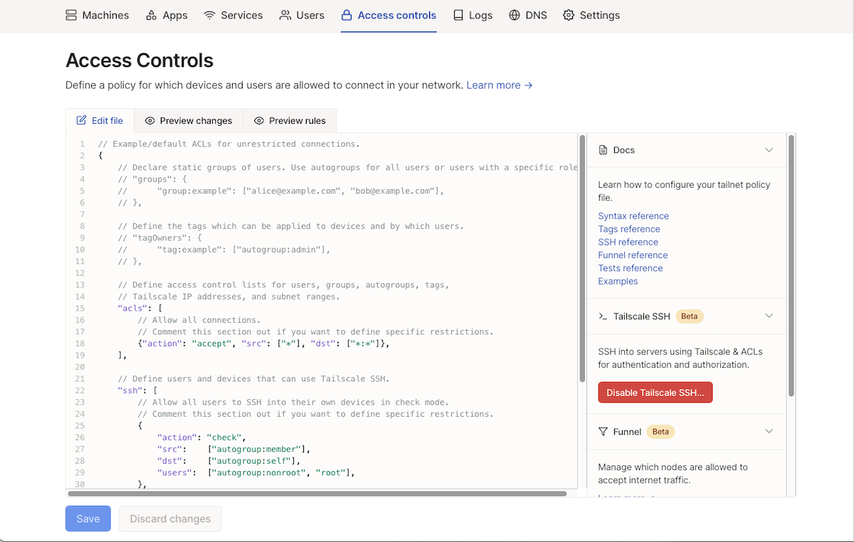 Консоль администратора Tailscale, вкладка Access controls.