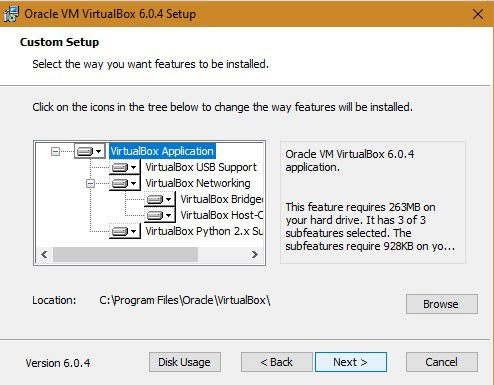 Выбор компонентов VirtualBox при установке