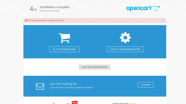 Установка OpenCart завершена