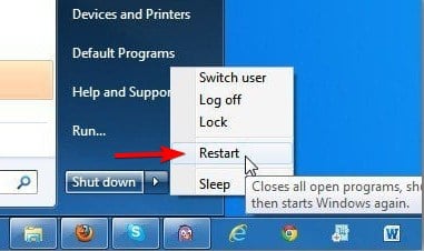 Изображение: меню Пуск с выделенной командой Перезагрузка