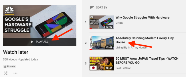 Выберите видео в плейлисте «Посмотреть позже» для воспроизведения на вебе