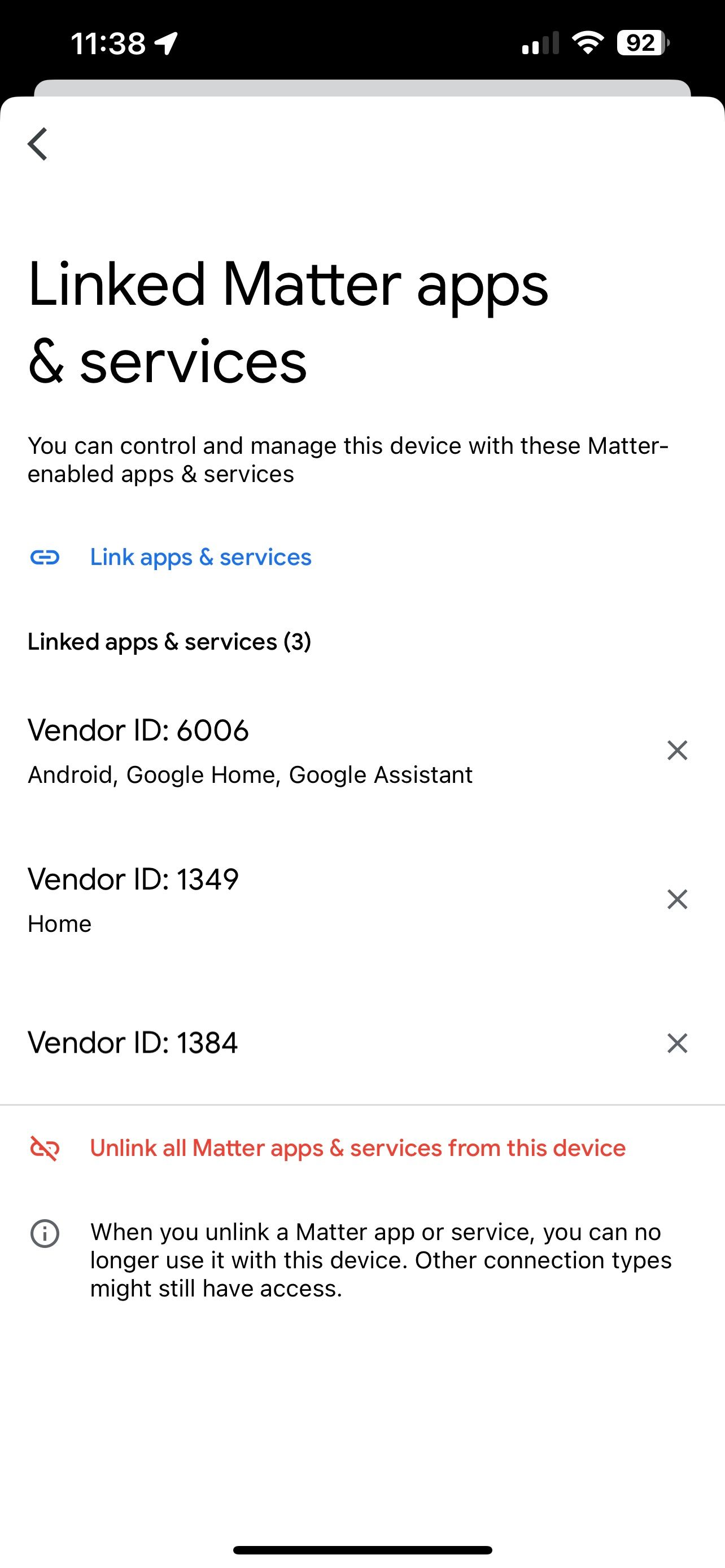Удаление связанных служб Matter в приложении Google Home для iOS