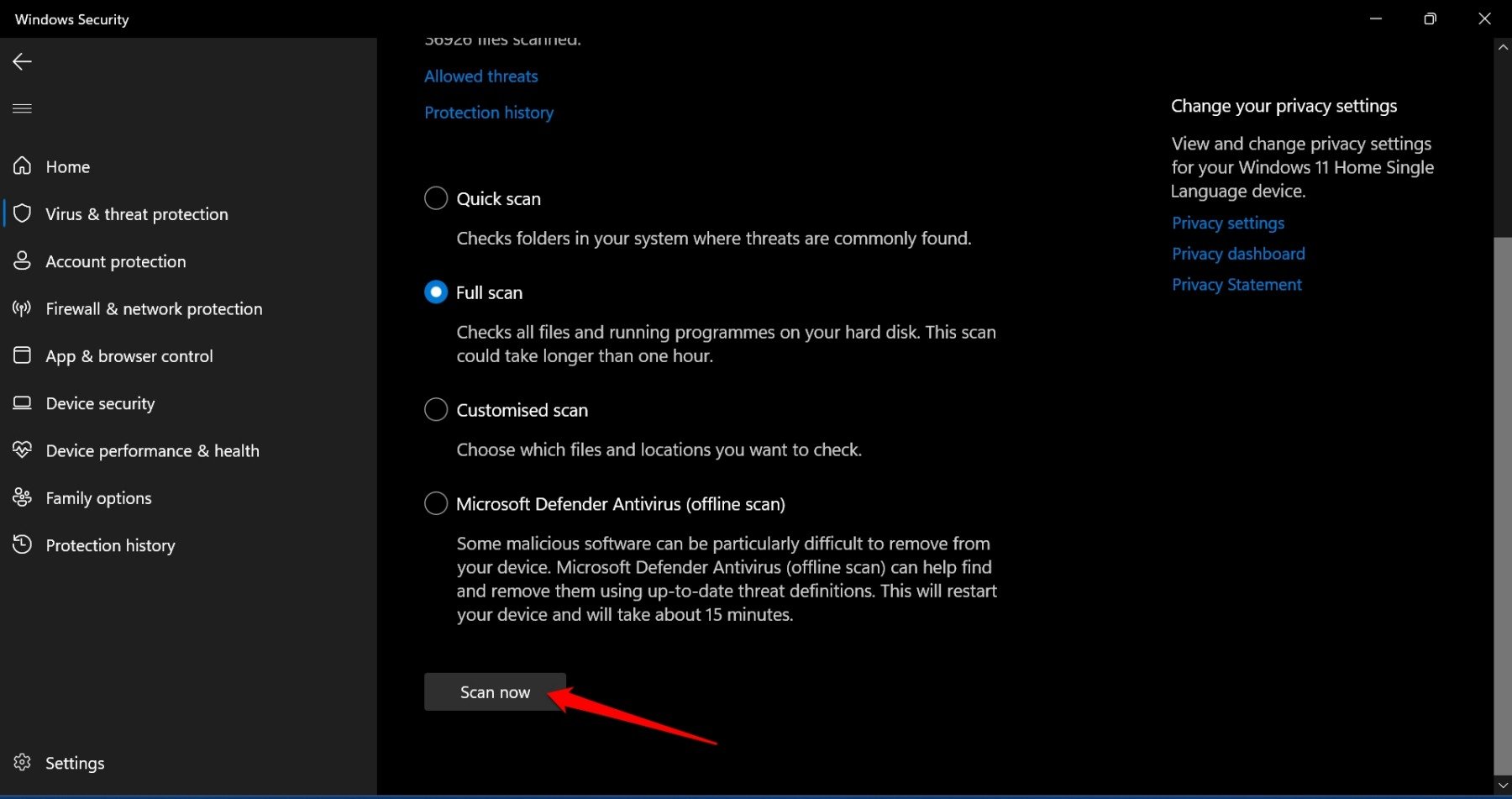 perform a full scan of Windows 11 PC