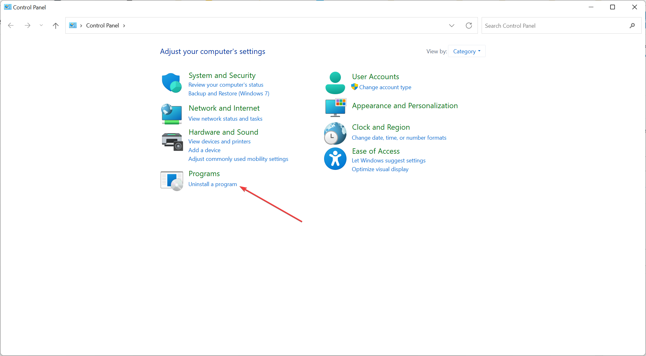 Список установленных программ в Панели управления