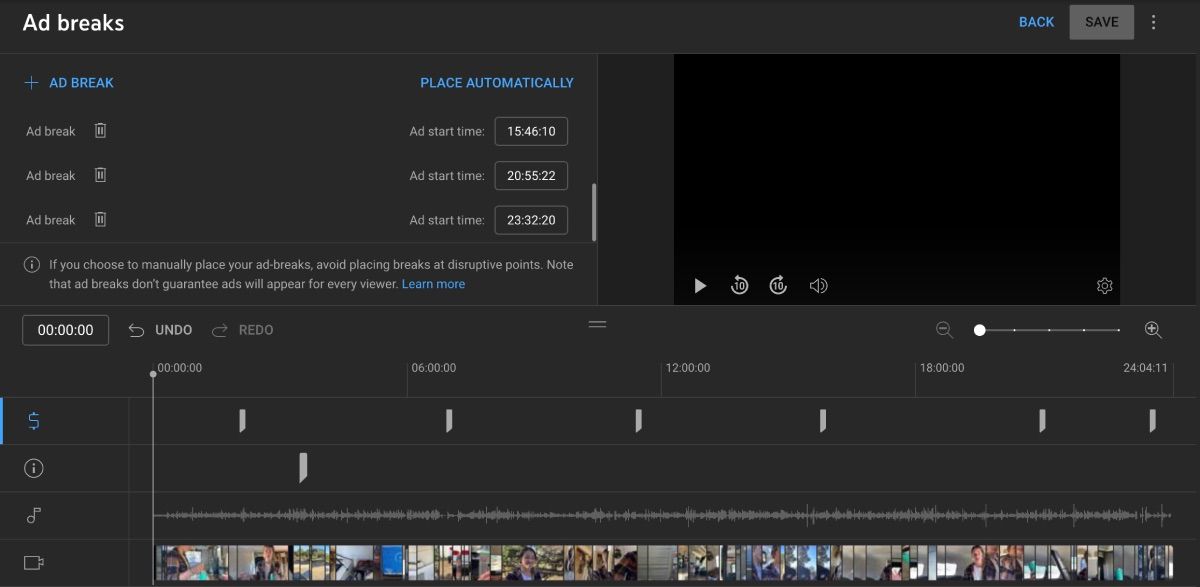 Установка рекламных пауз в редакторе YouTube Studio