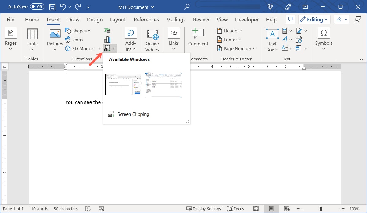 Кнопка Снимок экрана на вкладке Вставка