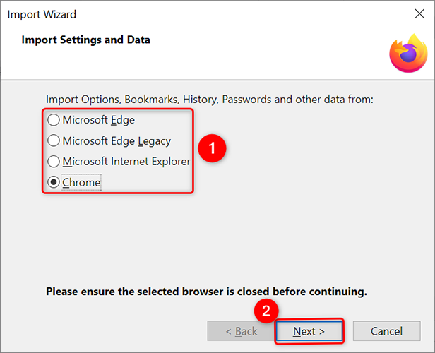 Выберите браузер и нажмите «Далее».
