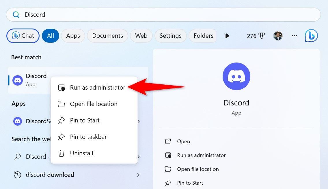 Выделен пункт Запуск от имени администратора для Discord в меню Пуск.
