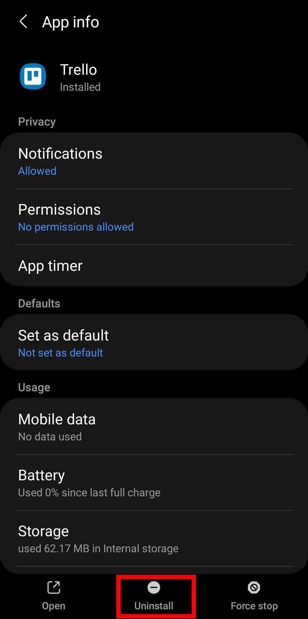 Информация об приложении Trello в Android с выделенной кнопкой «Удалить».