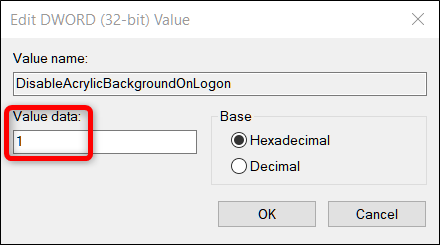 Установите значение параметра DisableAcrylicBackgroundOnLogon в 1