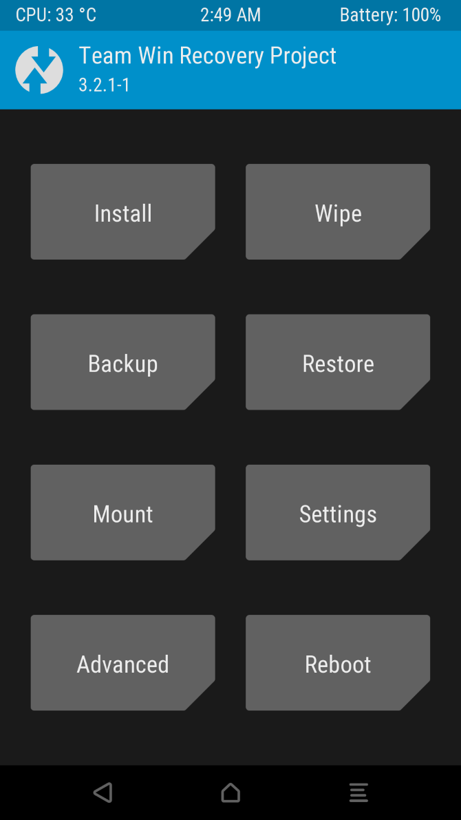 TWRP recovery menu screen