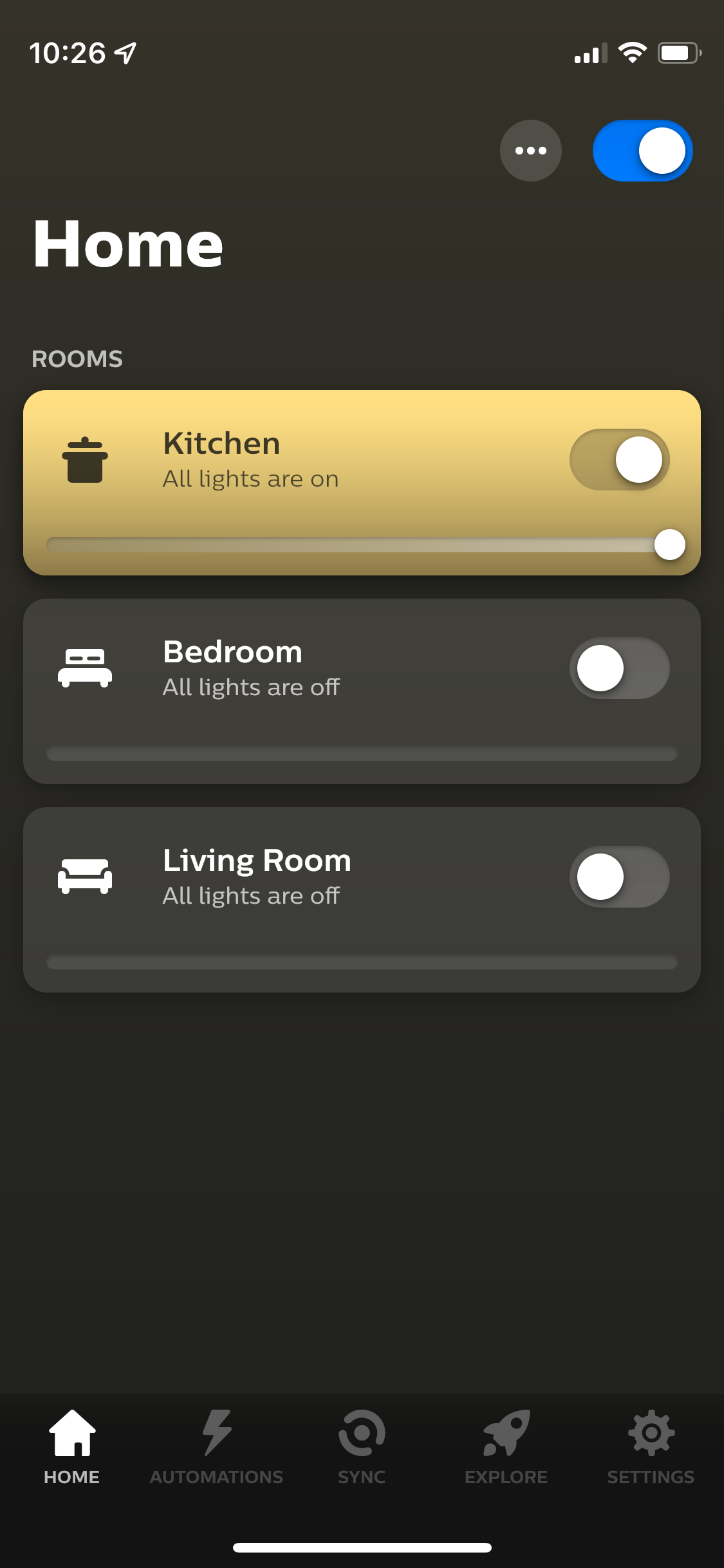 Вкладка Дом в приложении Hue