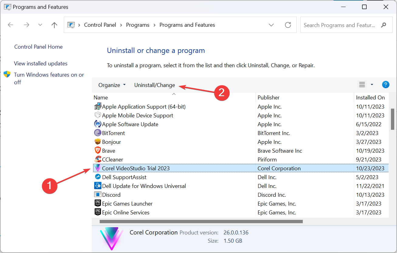 Программы и компоненты — выбор Corel VideoStudio для удаления/восстановления