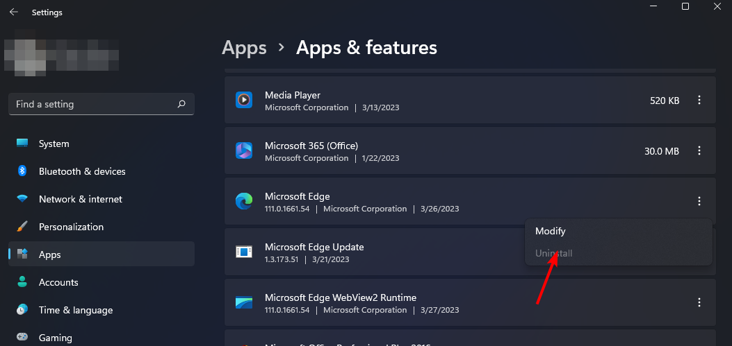Удаление Microsoft Edge через параметры Windows