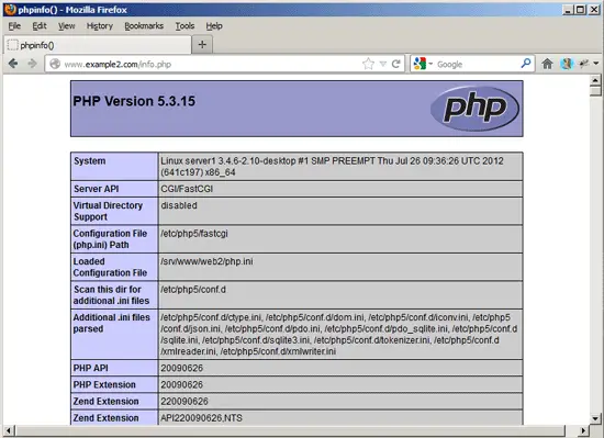 phpinfo показывающий путь к загруженному php.ini в /srv/www/web2