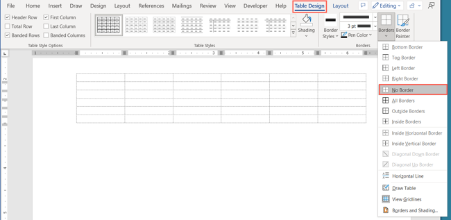 Выбор 'Нет границы' в меню 'Границы' на вкладке 'Конструктор таблиц'