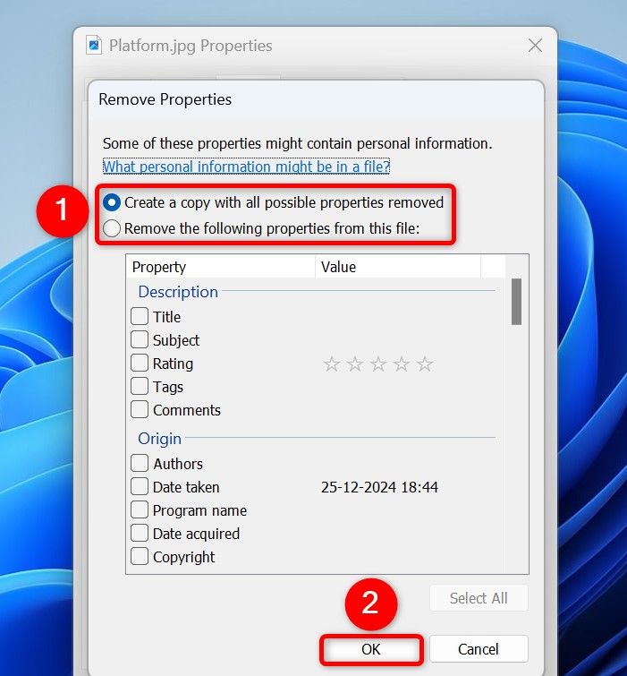 The options to remove all or specific EXIF data and 
