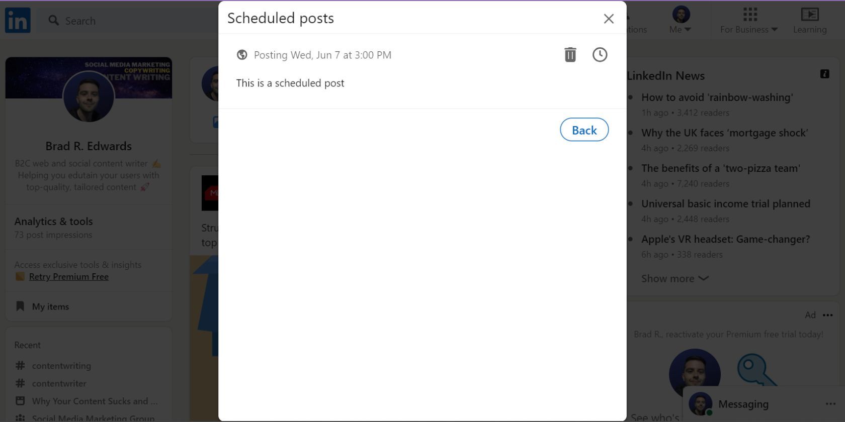 Scheduled posts on the LinkedIn web app
