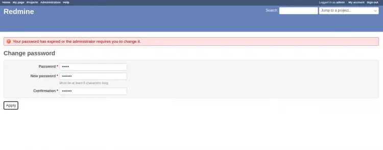 Экран смены пароля администратора Redmine
