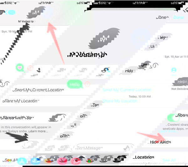 Окно чата в Сообщениях с включённым 'Скрывать оповещения'