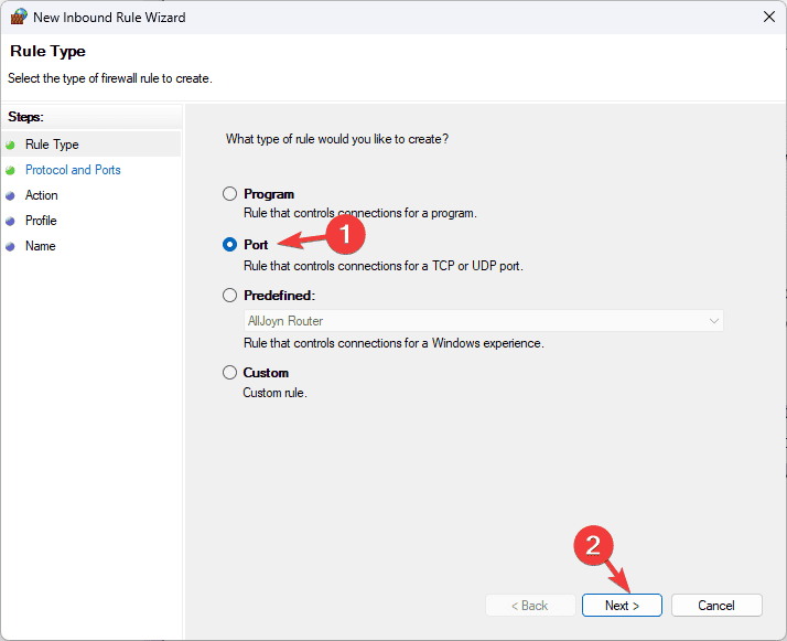 Создание правила по порту