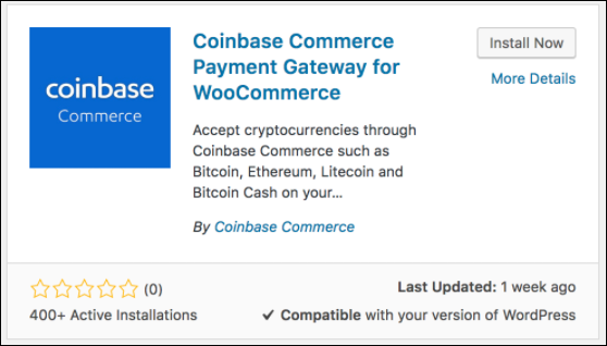 Установите плагин Coinbase Commerce Payment Gateway из каталога WordPress.