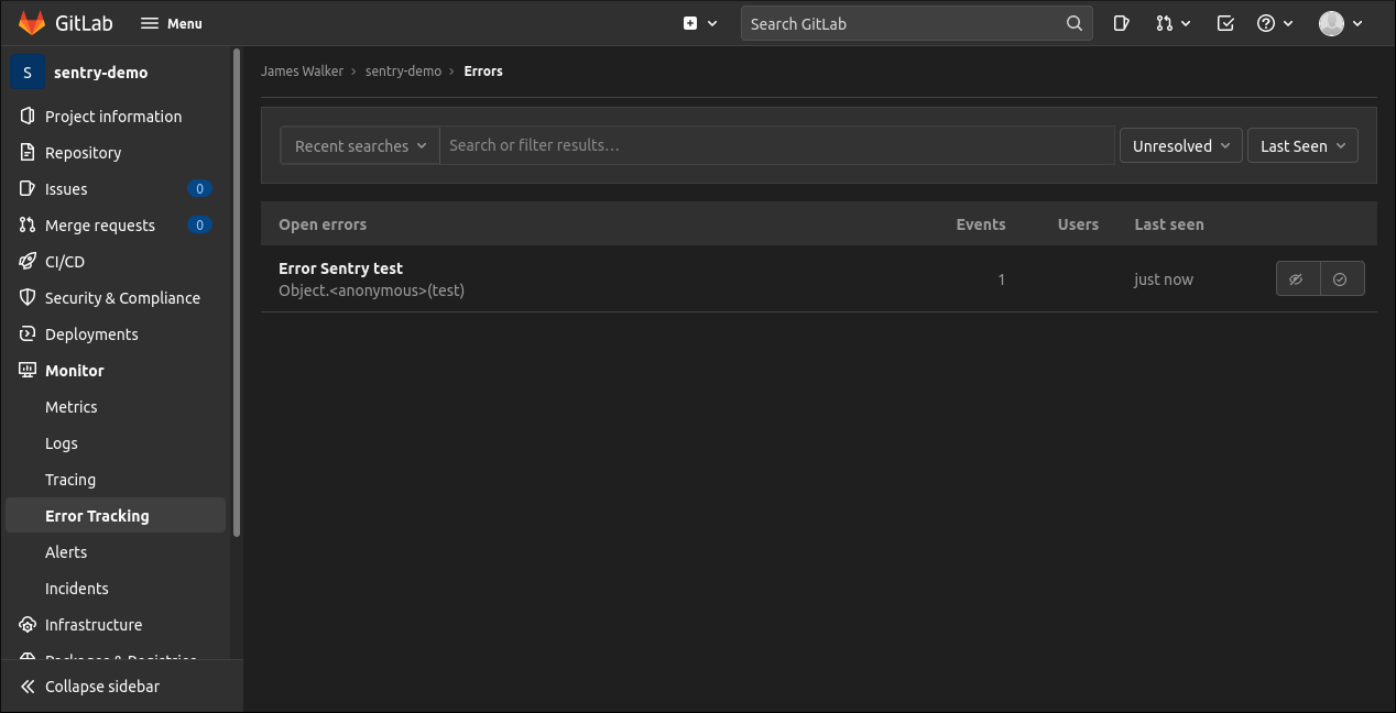 Скриншот списка отчётов об ошибках в GitLab