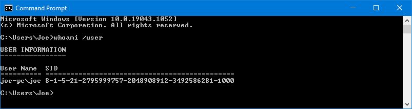 Команда whoami /user в командной строке