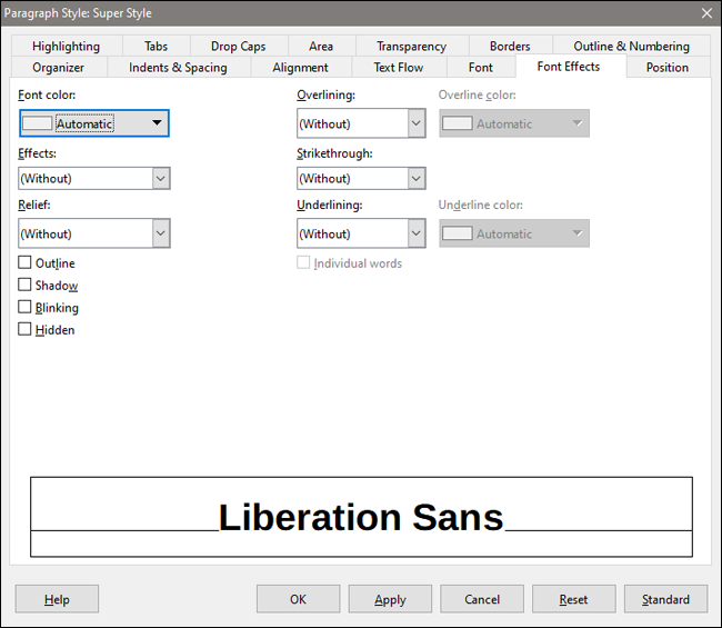 Параметры форматирования для нового стиля