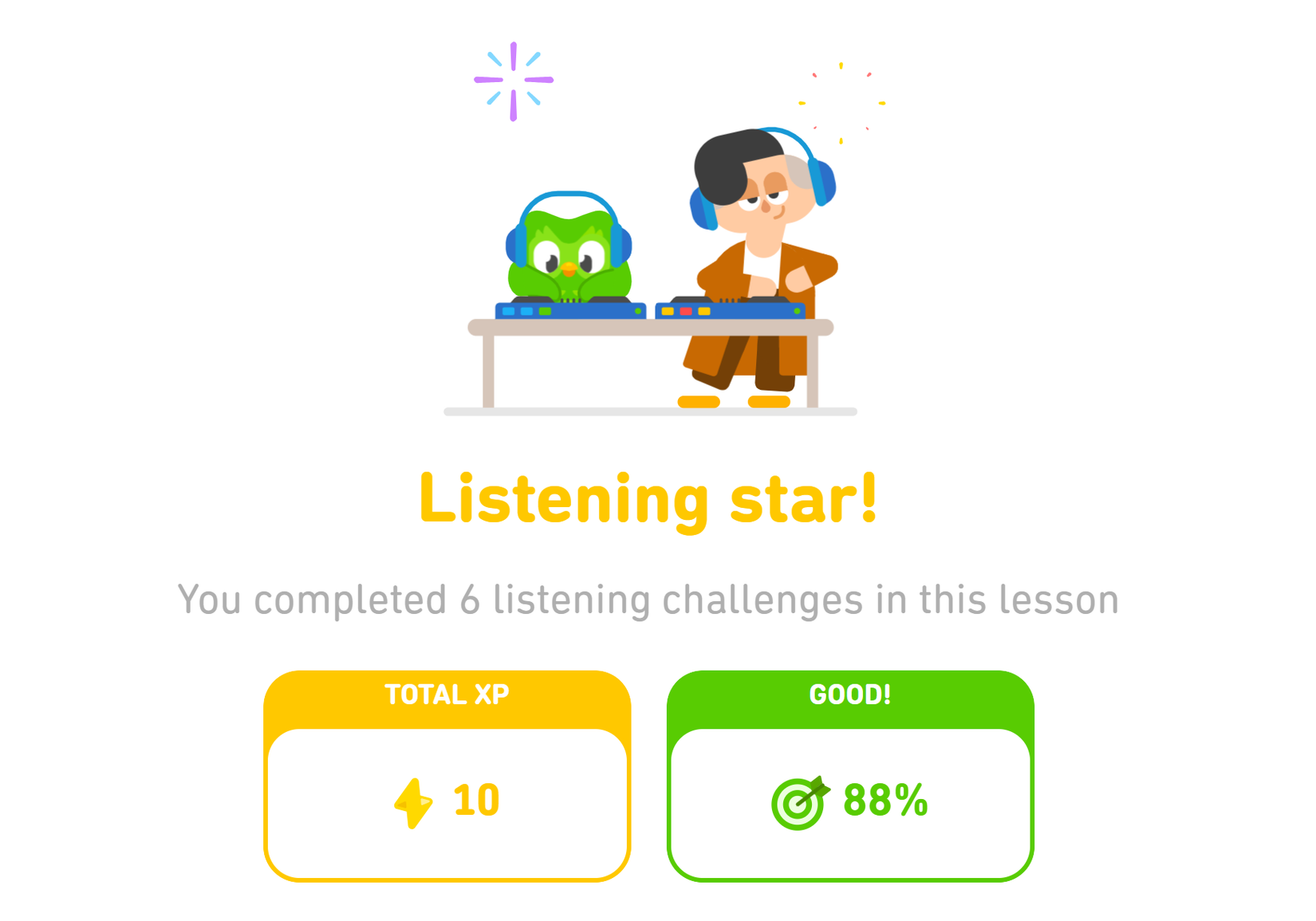 Скриншот Duolingo с надписью «Listening Star» на профиле пользователя.