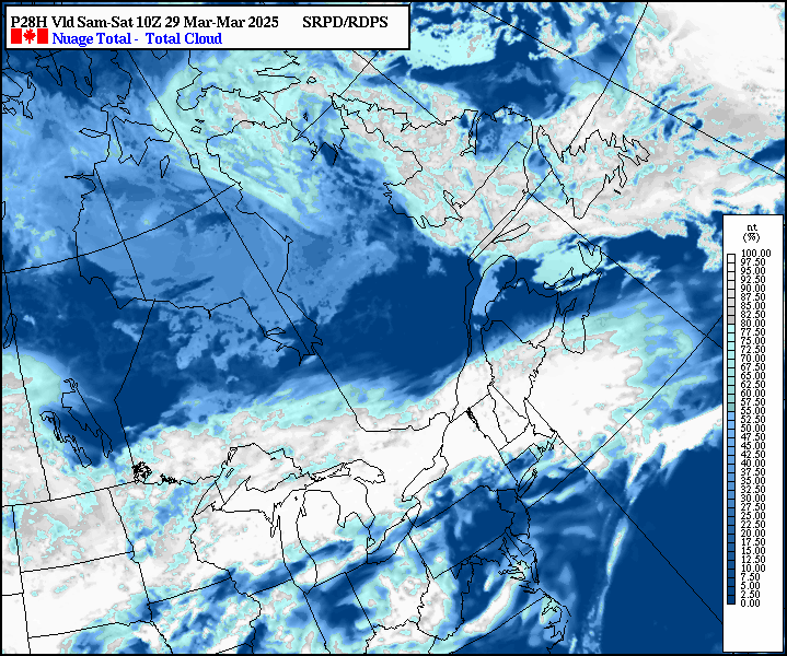 Прогноз облачности для северо-востока США и Канады.