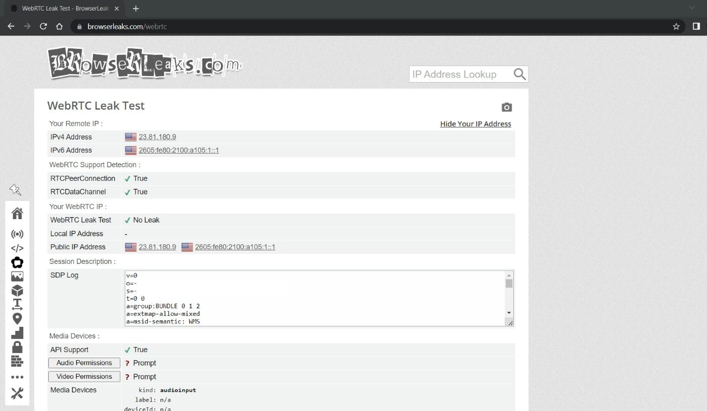 Результаты теста утечки WebRTC