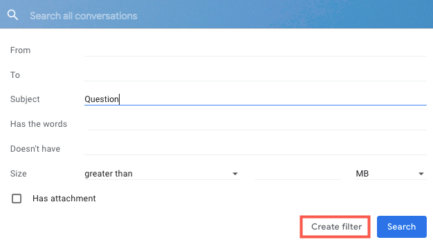 Условия фильтра в Gmail