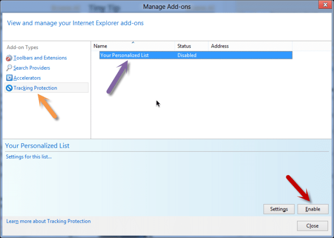 IE のトラッキング防止アドオンのスクリーンショット
