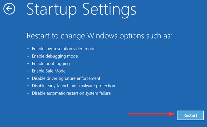 Параметры запуска Windows с вариантами перезагрузки и выбора безопасного режима