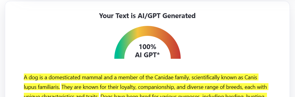 Параграф текста, показывающий, что он определяется детектором как сгенерированный ИИ.